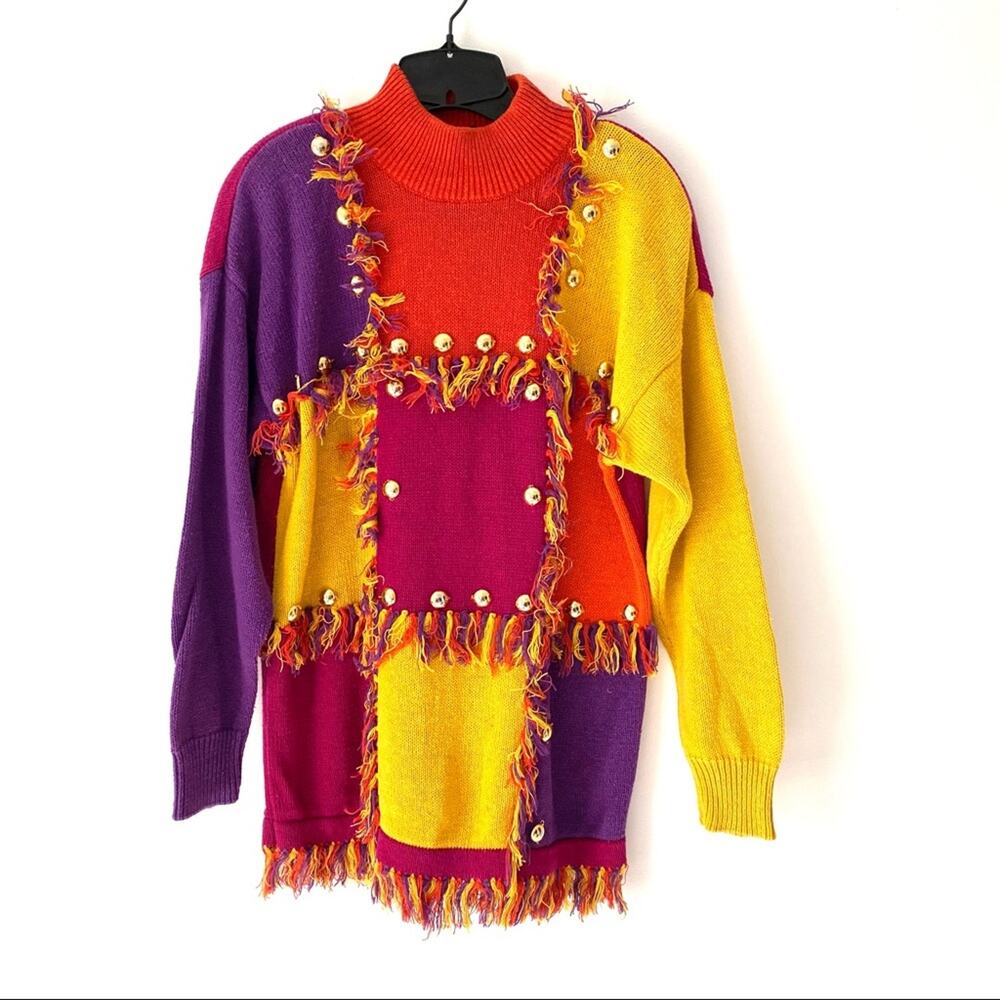 Vintage 90s Y2K Spree International Knit Fringe Multi Color Sweater size small